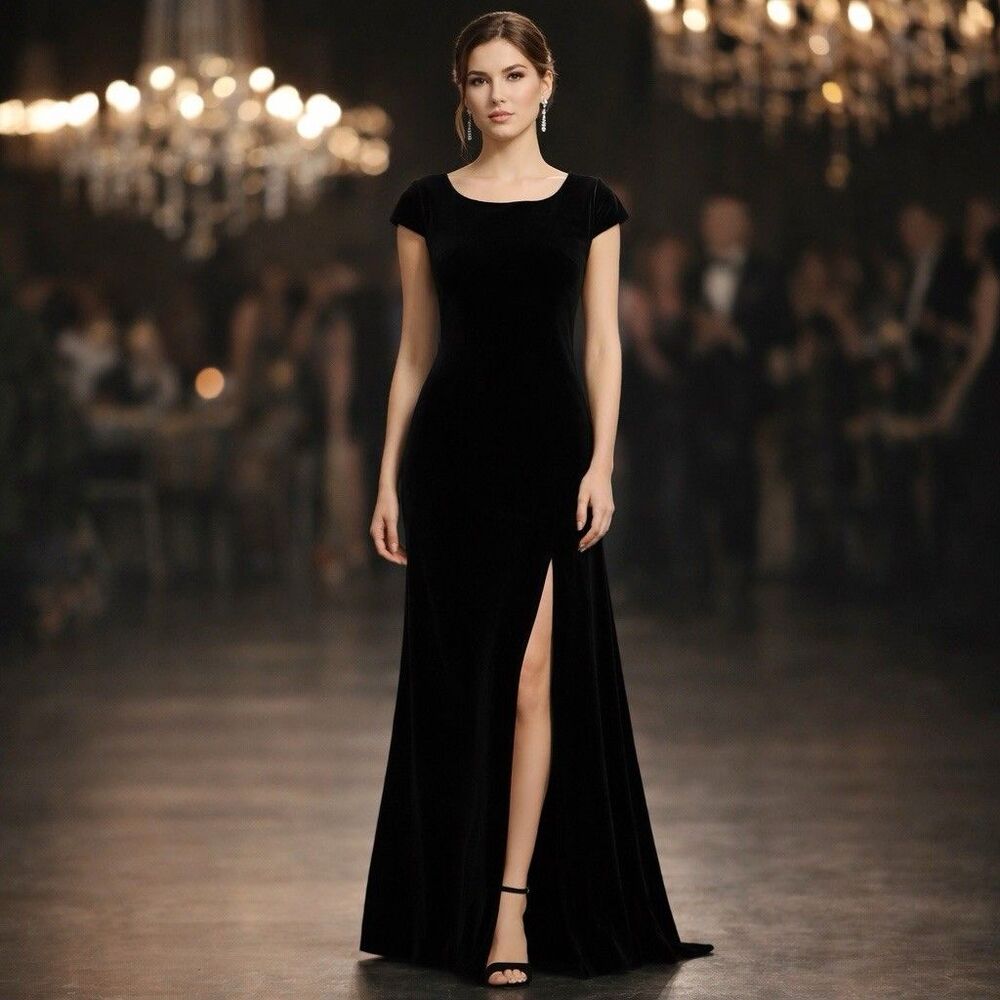VTG Black Velvet Evening Gown Womens 12 Stretch Maxi Dress Side Slit Classic JSC